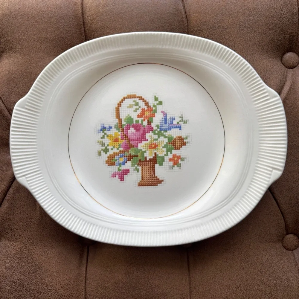 Vintage Salem China Co Basket P.P. Oval Serving Platter Cross Stitch Floral